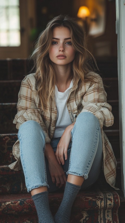 Distant Shot of a Woman in Skinny Jeans and an Oversized Plaid Shirt Sitting on Staircase Steps – Cozy Normcore Aesthetic (60)