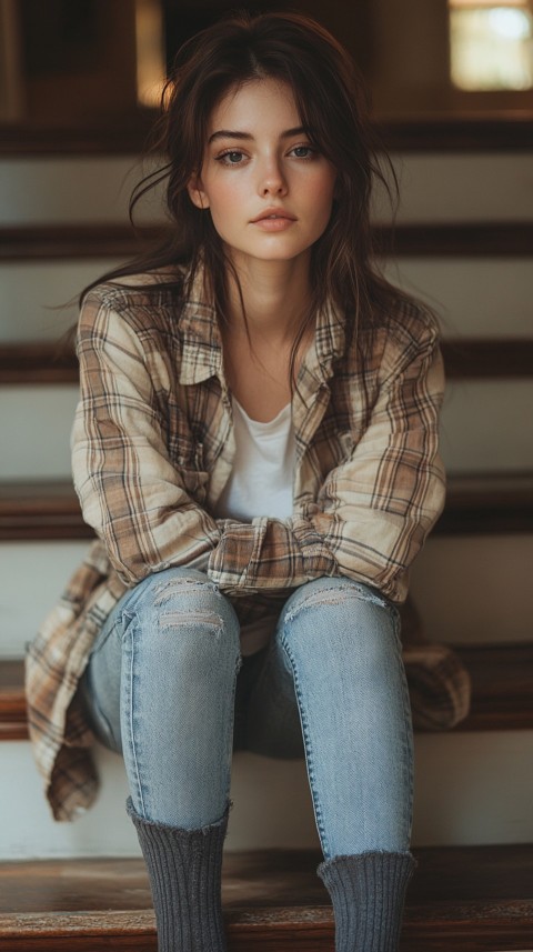 Distant Shot of a Woman in Skinny Jeans and an Oversized Plaid Shirt Sitting on Staircase Steps – Cozy Normcore Aesthetic (63)