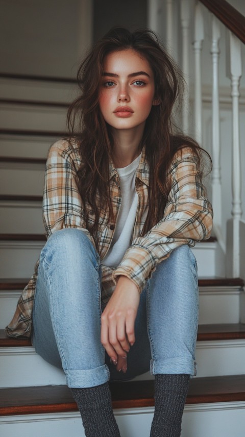 Distant Shot of a Woman in Skinny Jeans and an Oversized Plaid Shirt Sitting on Staircase Steps – Cozy Normcore Aesthetic (62)