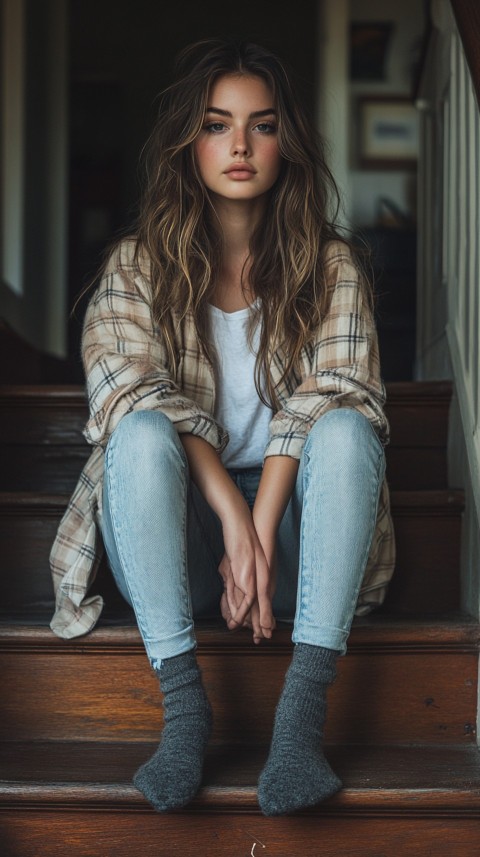 Distant Shot of a Woman in Skinny Jeans and an Oversized Plaid Shirt Sitting on Staircase Steps – Cozy Normcore Aesthetic (65)