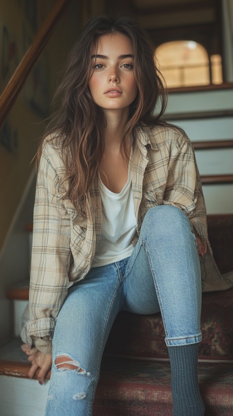 Distant Shot of a Woman in Skinny Jeans and an Oversized Plaid Shirt Sitting on Staircase Steps – Cozy Normcore Aesthetic (68)