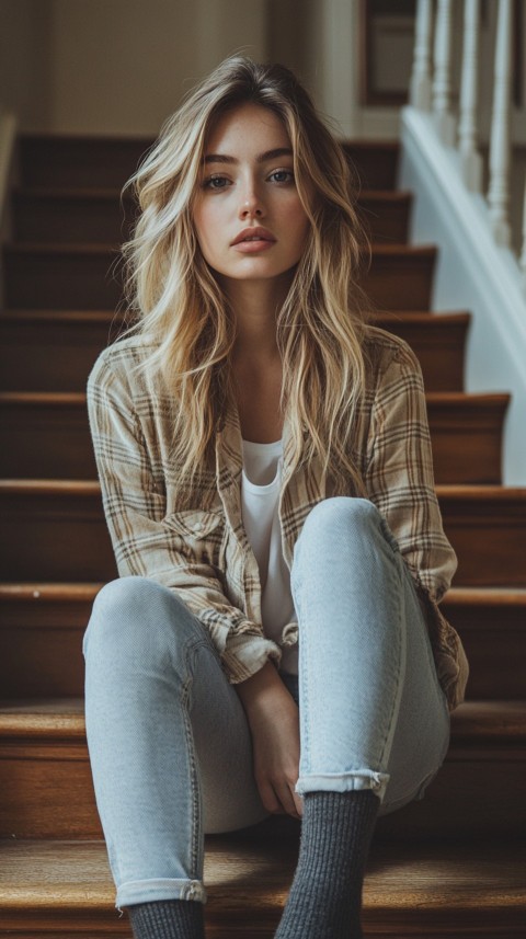 Distant Shot of a Woman in Skinny Jeans and an Oversized Plaid Shirt Sitting on Staircase Steps – Cozy Normcore Aesthetic (67)