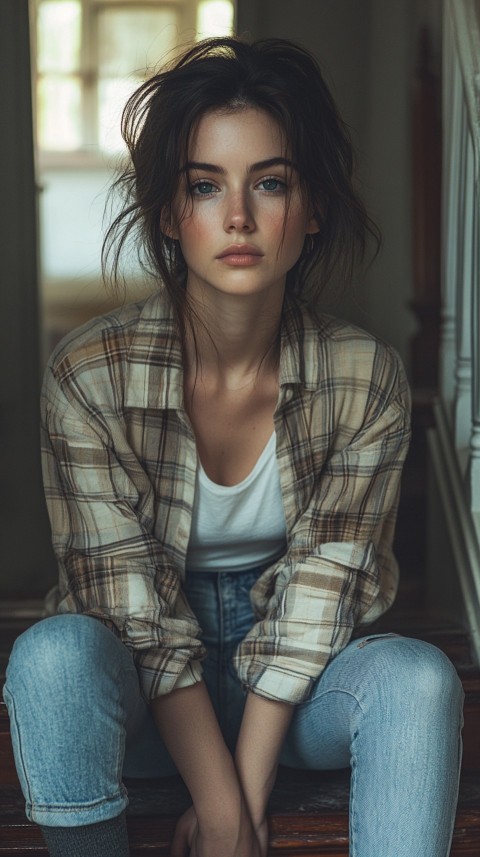 Distant Shot of a Woman in Skinny Jeans and an Oversized Plaid Shirt Sitting on Staircase Steps – Cozy Normcore Aesthetic (75)