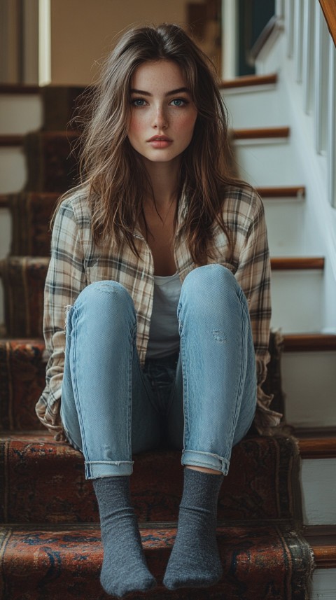 Distant Shot of a Woman in Skinny Jeans and an Oversized Plaid Shirt Sitting on Staircase Steps – Cozy Normcore Aesthetic (74)