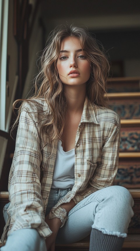 Distant Shot of a Woman in Skinny Jeans and an Oversized Plaid Shirt Sitting on Staircase Steps – Cozy Normcore Aesthetic (70)