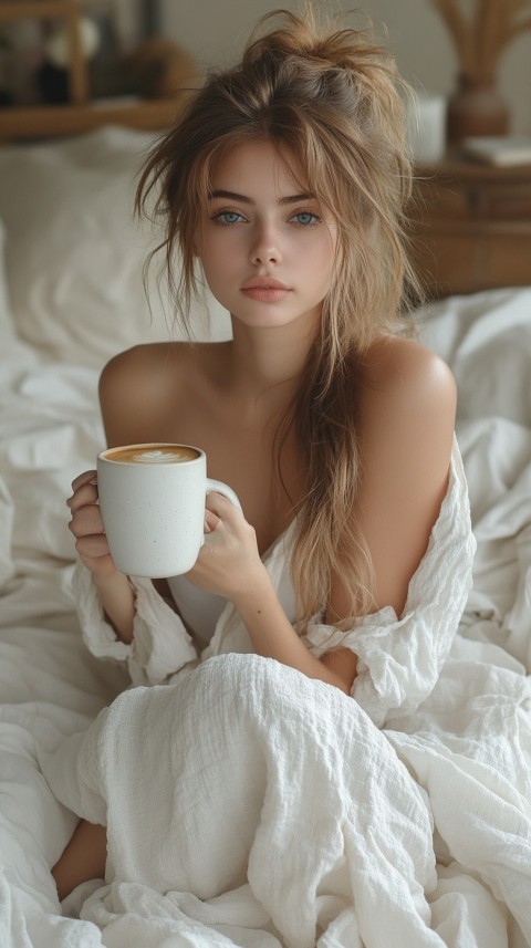 Woman Drinking Coffee in Bed with Messy White Sheets – Lazy Girl Aesthetic (13)