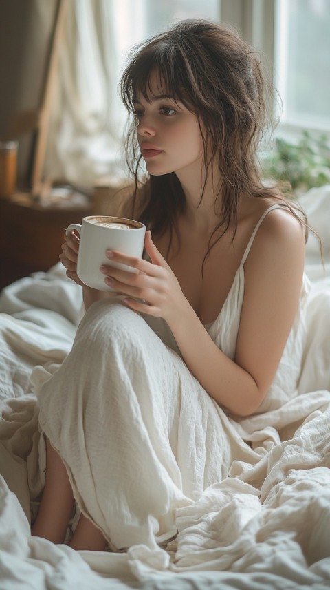 Woman Drinking Coffee in Bed with Messy White Sheets – Lazy Girl Aesthetic (16)