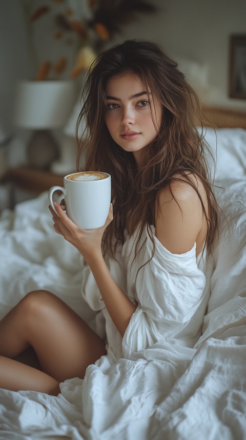 Woman Drinking Coffee in Bed with Messy White Sheets – Lazy Girl Aesthetic (75)