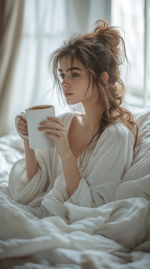 Woman Drinking Coffee in Bed with Messy White Sheets – Lazy Girl Aesthetic (90)