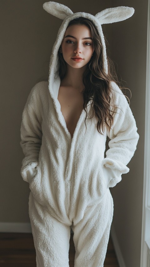 Woman in a White Bunny Onesie Standing Against a Beige Wall – Cozy Aesthetic (40)