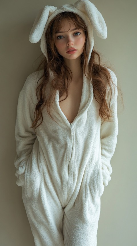 Woman in a White Bunny Onesie Standing Against a Beige Wall – Cozy Aesthetic (56)