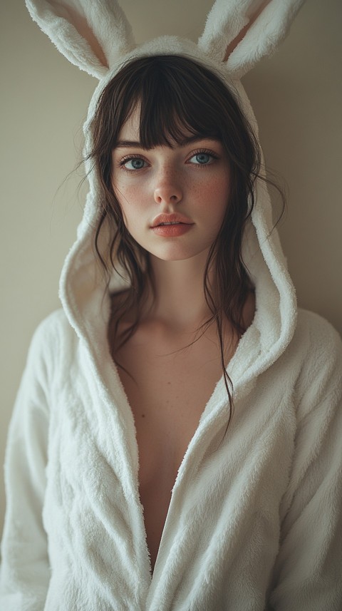 Woman in a White Bunny Onesie Standing Against a Beige Wall – Cozy Aesthetic (63)