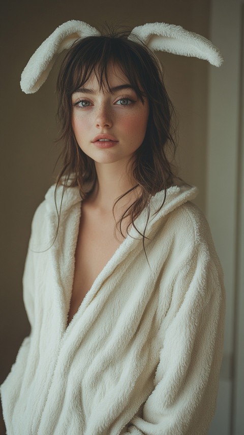 Woman in a White Bunny Onesie Standing Against a Beige Wall – Cozy Aesthetic (41)