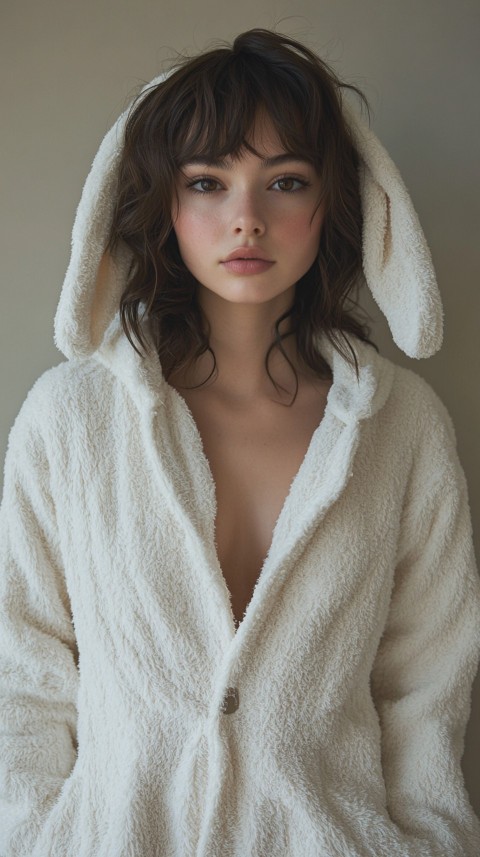 Woman in a White Bunny Onesie Standing Against a Beige Wall – Cozy Aesthetic (60)