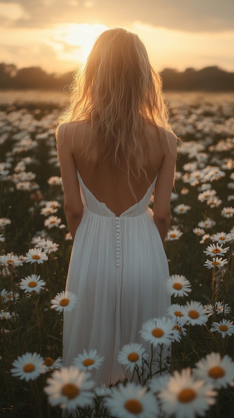 Woman in a White Dress Standing in a Daisy Field During Golden Hour – Feminine Blogger Aesthetic (50)