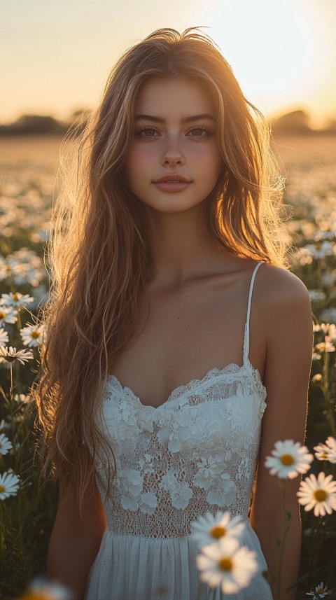 Woman in a White Dress Standing in a Daisy Field During Golden Hour – Feminine Blogger Aesthetic (3)