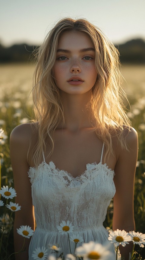 Woman in a White Dress Standing in a Daisy Field During Golden Hour – Feminine Blogger Aesthetic (36)