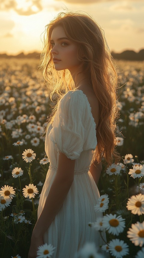 Woman in a White Dress Standing in a Daisy Field During Golden Hour – Feminine Blogger Aesthetic (22)