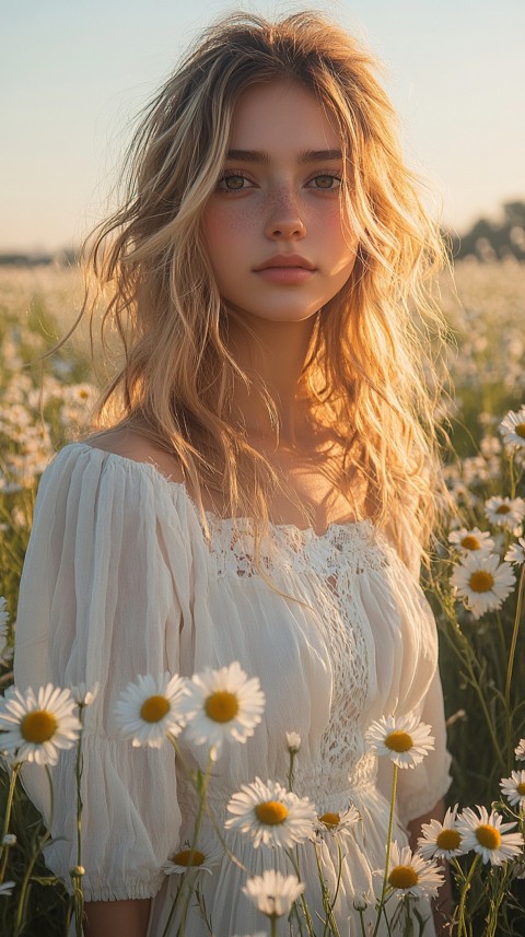 Woman in a White Dress Standing in a Daisy Field During Golden Hour – Feminine Blogger Aesthetic (54)