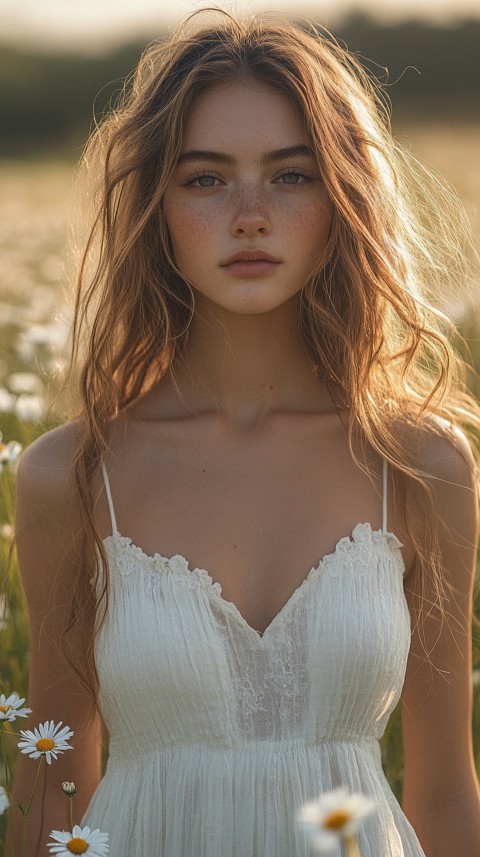 Woman in a White Dress Standing in a Daisy Field During Golden Hour – Feminine Blogger Aesthetic (84)