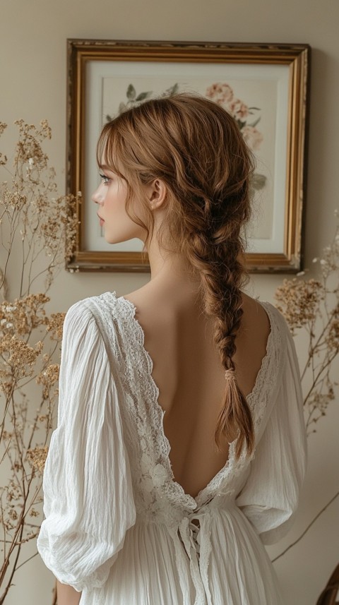 Woman in a White Dress with a Thick Braid in Front of a Beige Wall – Feminine Blogger Aesthetic (10)