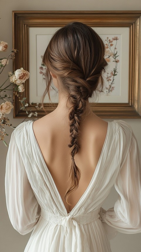 Woman in a White Dress with a Thick Braid in Front of a Beige Wall – Feminine Blogger Aesthetic (13)