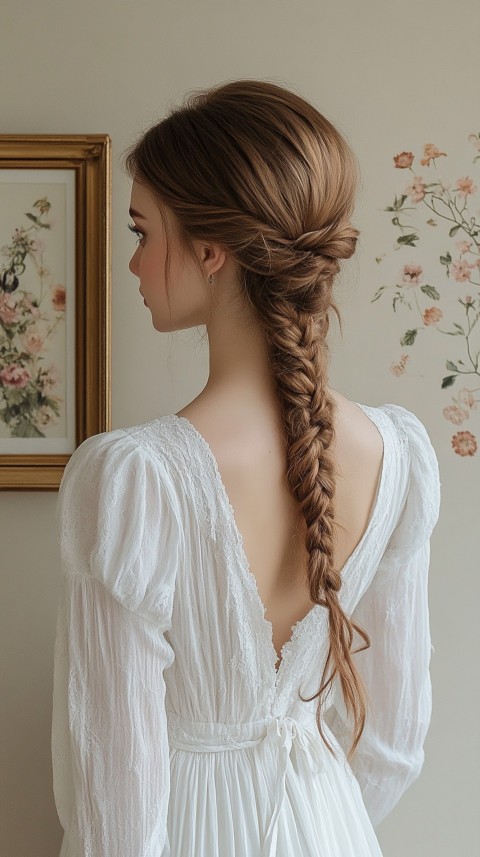 Woman in a White Dress with a Thick Braid in Front of a Beige Wall – Feminine Blogger Aesthetic (18)