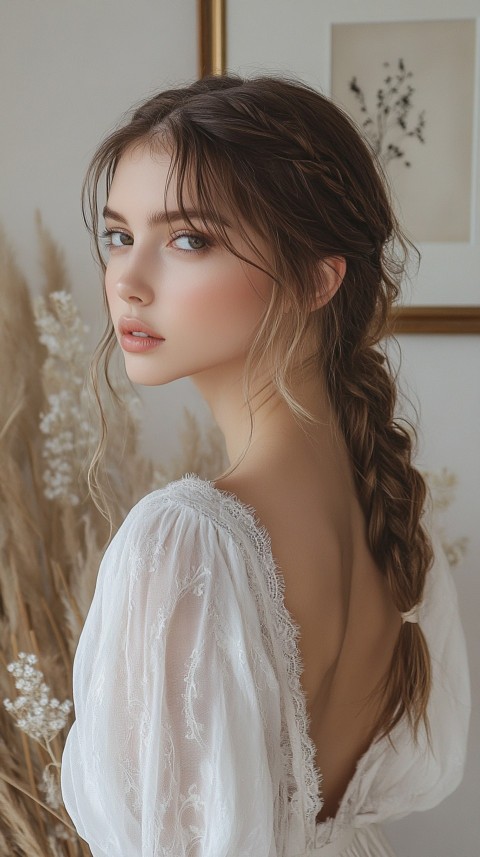 Woman in a White Dress with a Thick Braid in Front of a Beige Wall – Feminine Blogger Aesthetic (9)