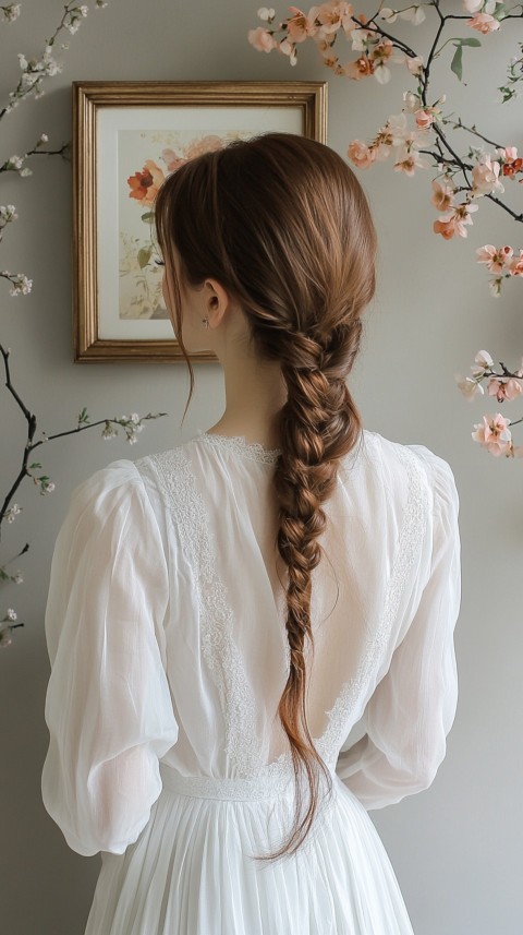 Woman in a White Dress with a Thick Braid in Front of a Beige Wall – Feminine Blogger Aesthetic (33)