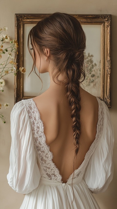 Woman in a White Dress with a Thick Braid in Front of a Beige Wall – Feminine Blogger Aesthetic (37)