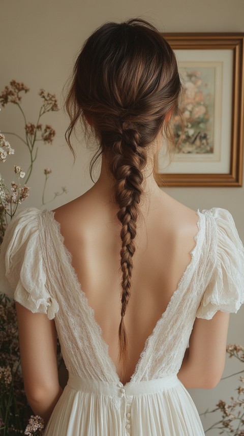 Woman in a White Dress with a Thick Braid in Front of a Beige Wall – Feminine Blogger Aesthetic (38)