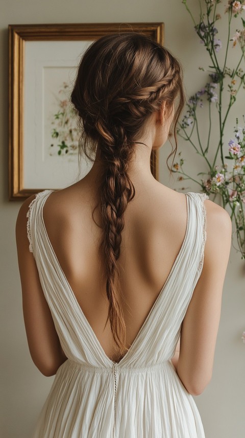 Woman in a White Dress with a Thick Braid in Front of a Beige Wall – Feminine Blogger Aesthetic (29)