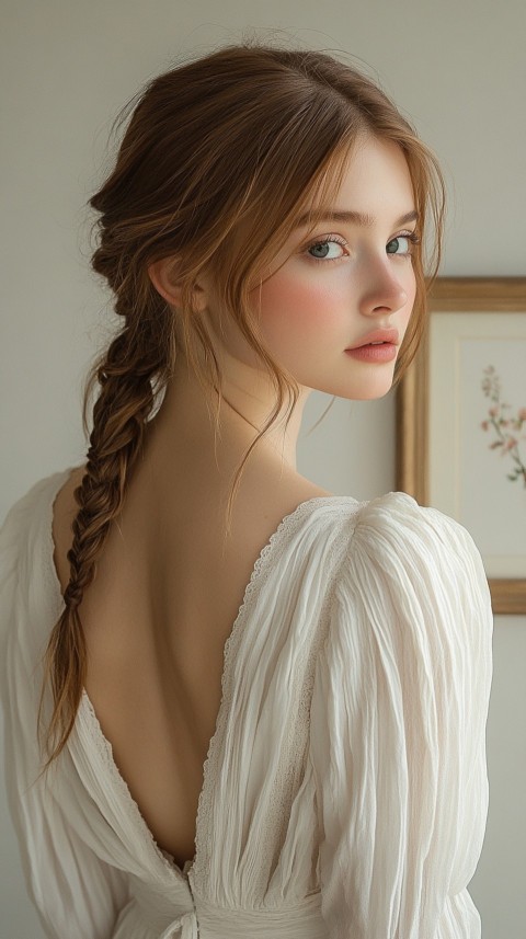 Woman in a White Dress with a Thick Braid in Front of a Beige Wall – Feminine Blogger Aesthetic (42)