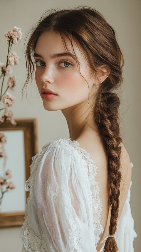 Woman in a White Dress with a Thick Braid in Front of a Beige Wall – Feminine Blogger Aesthetic (44)