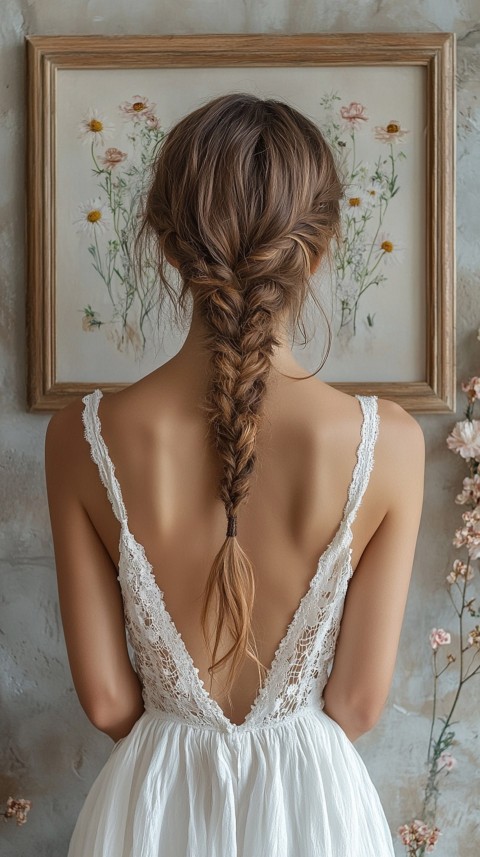 Woman in a White Dress with a Thick Braid in Front of a Beige Wall – Feminine Blogger Aesthetic (54)