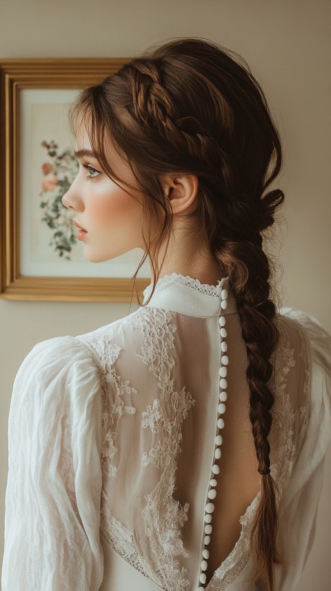 Woman in a White Dress with a Thick Braid in Front of a Beige Wall – Feminine Blogger Aesthetic (30)