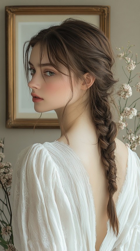 Woman in a White Dress with a Thick Braid in Front of a Beige Wall – Feminine Blogger Aesthetic (43)