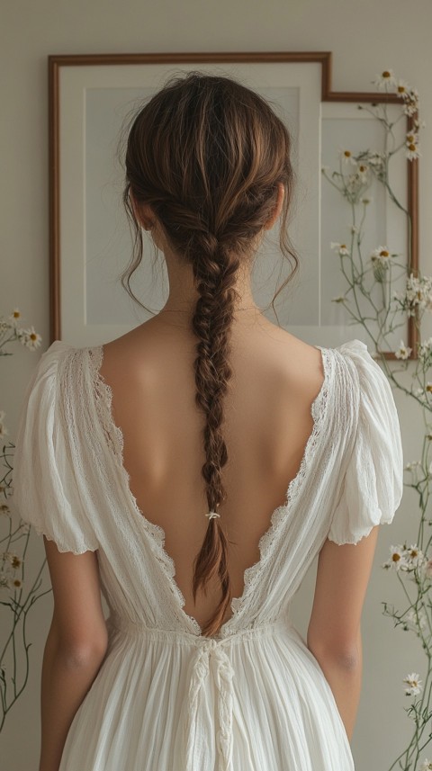 Woman in a White Dress with a Thick Braid in Front of a Beige Wall – Feminine Blogger Aesthetic (77)