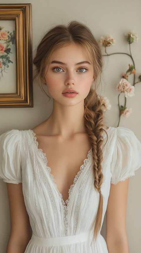 Woman in a White Dress with a Thick Braid in Front of a Beige Wall – Feminine Blogger Aesthetic (89)