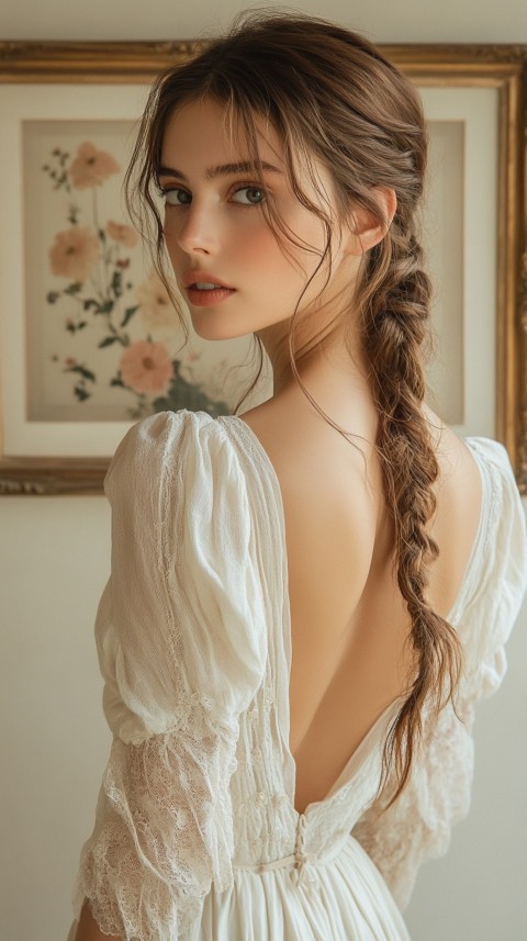 Woman in a White Dress with a Thick Braid in Front of a Beige Wall – Feminine Blogger Aesthetic (70)