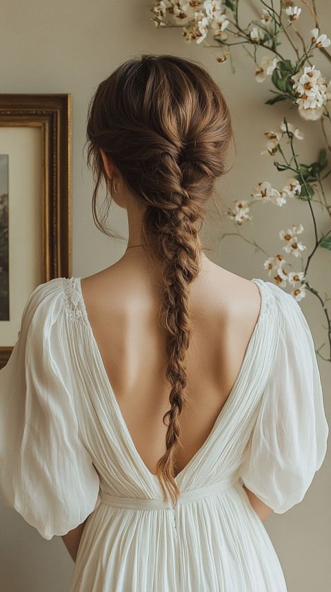 Woman in a White Dress with a Thick Braid in Front of a Beige Wall – Feminine Blogger Aesthetic (66)