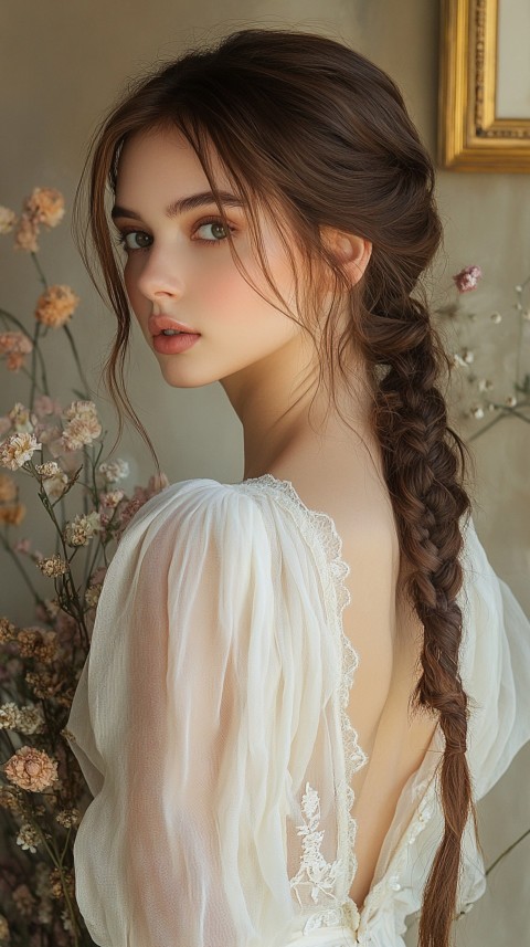 Woman in a White Dress with a Thick Braid in Front of a Beige Wall – Feminine Blogger Aesthetic (87)