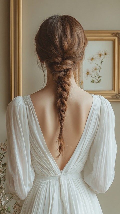 Woman in a White Dress with a Thick Braid in Front of a Beige Wall – Feminine Blogger Aesthetic (97)