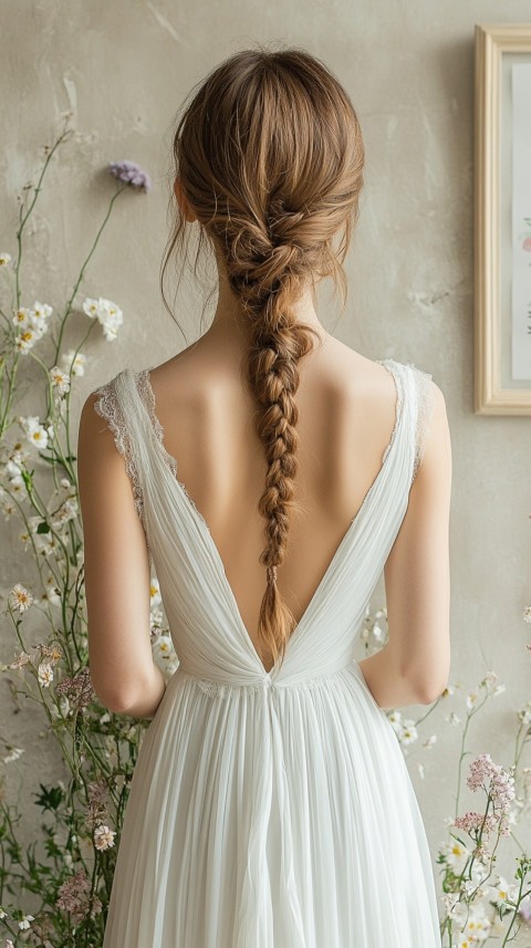 Woman in a White Dress with a Thick Braid in Front of a Beige Wall – Feminine Blogger Aesthetic (92)