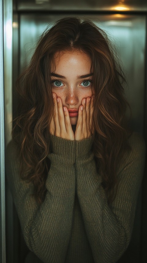 Woman in an Elevator in a Pretty Pose Covering Her Face – Feminine Blogger Aesthetic (143)