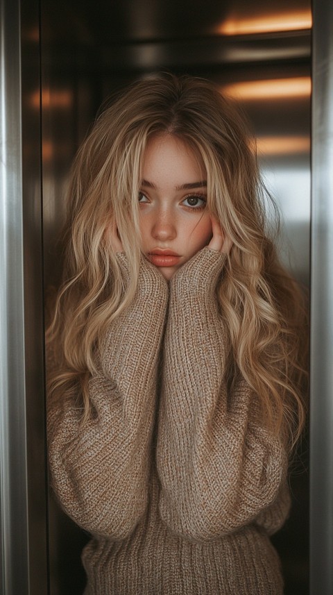 Woman in an Elevator in a Pretty Pose Covering Her Face – Feminine Blogger Aesthetic (146)