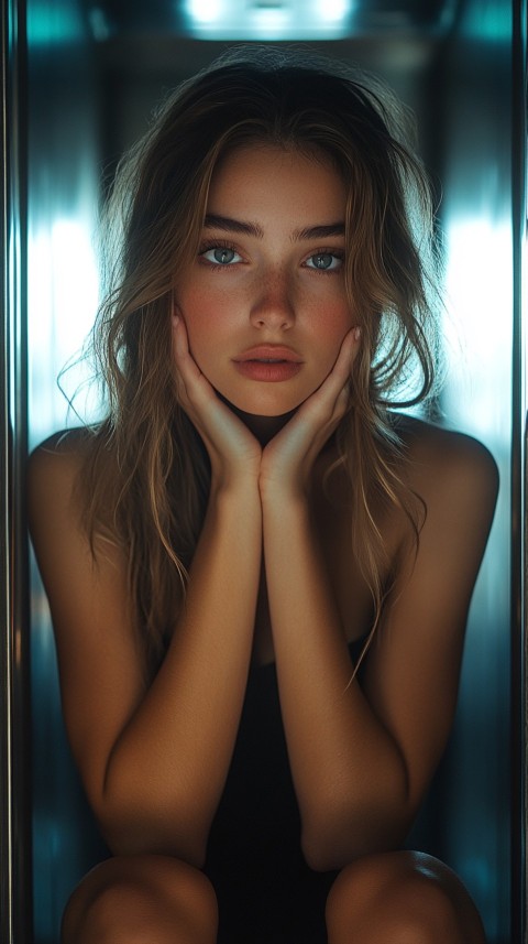 Woman in an Elevator in a Pretty Pose Covering Her Face – Feminine Blogger Aesthetic (243)