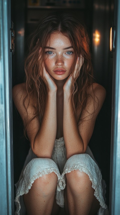 Woman in an Elevator in a Pretty Pose Covering Her Face – Feminine Blogger Aesthetic (282)