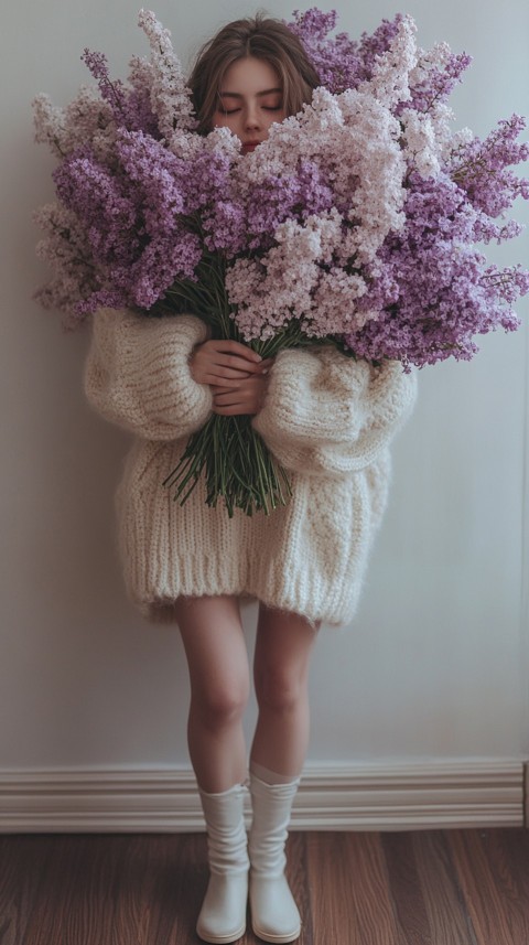 Woman in an Oversized Cream Sweater Holding a Bouquet of Lilac Flowers – Soft Aesthetic (1)