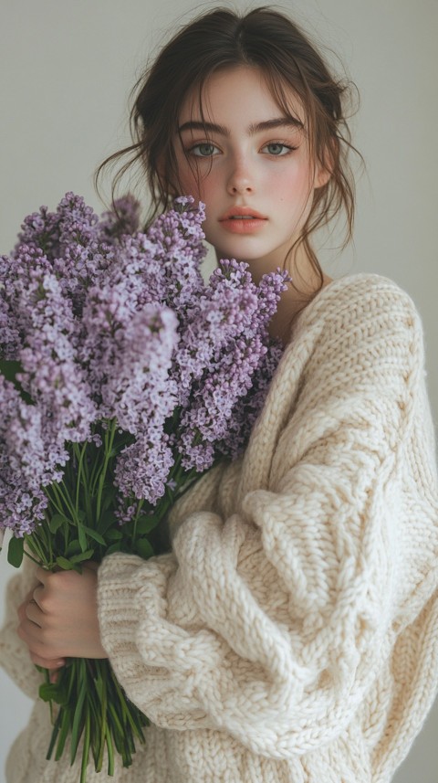 Woman in an Oversized Cream Sweater Holding a Bouquet of Lilac Flowers – Soft Aesthetic (11)